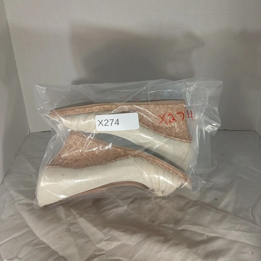 Dexflex‎ Comfort Peep Toe Wedge 7.5 Champagne Gold Shimmer Cork Wedding Guest